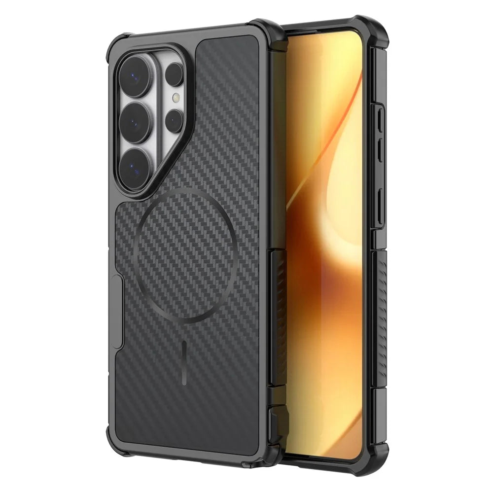 For Samsung Galaxy S26 Ultra Magnetic Case Carbon Fiber Texture PC + TPU Corner Protection Phone Cover - Black - 1
