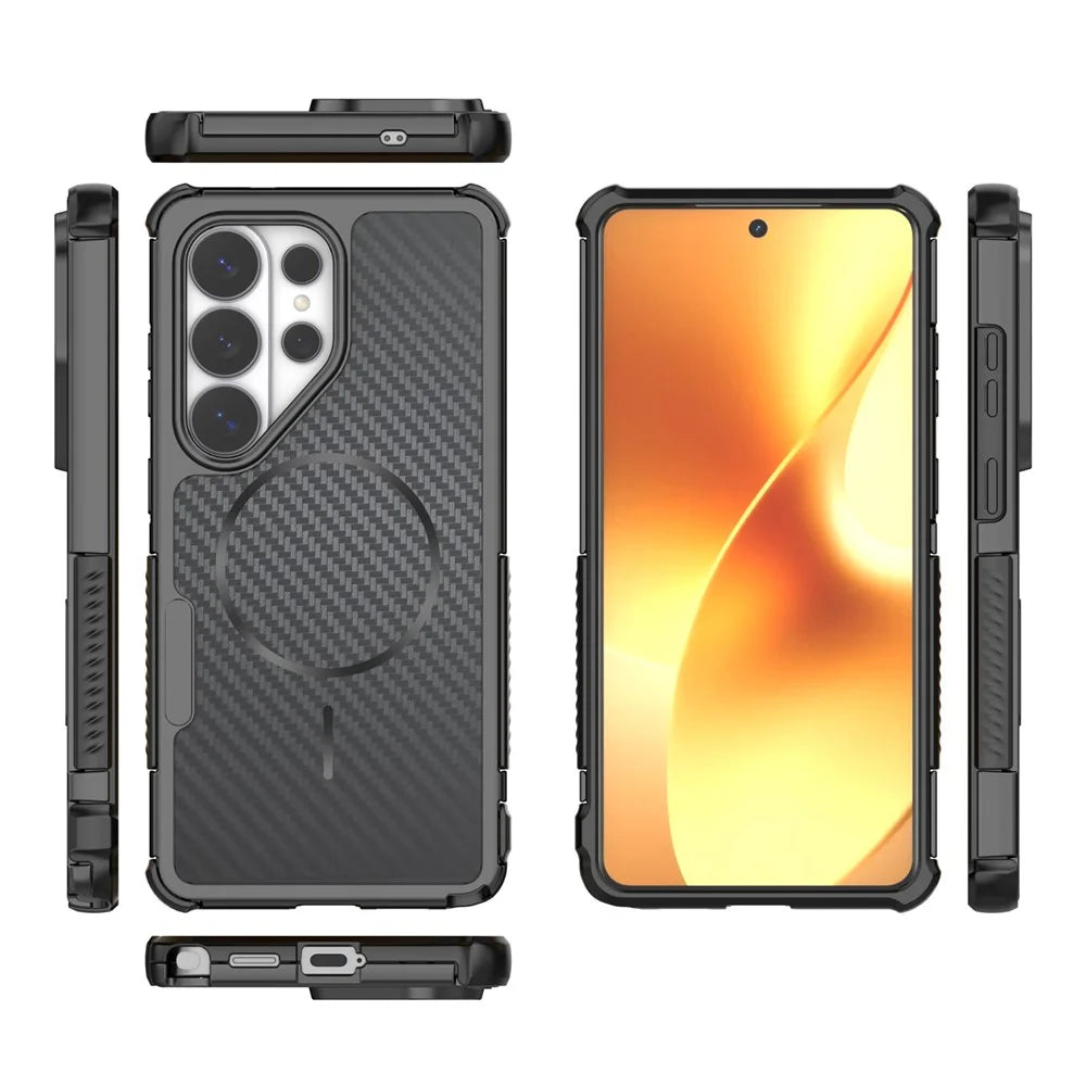 For Samsung Galaxy S26 Ultra Magnetic Case Carbon Fiber Texture PC + TPU Corner Protection Phone Cover - Black - 4
