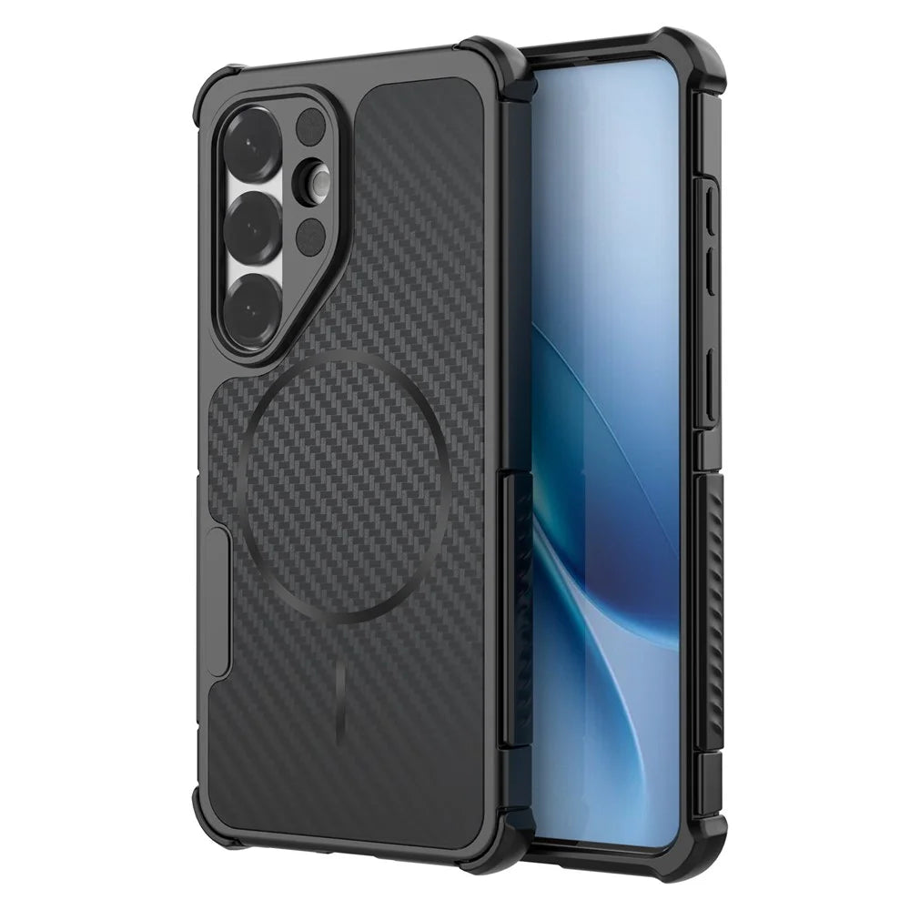 For Samsung Galaxy S26 Magnetic Case Carbon Fiber Texture PC + TPU Corner Protection Phone Cover - Black - 1