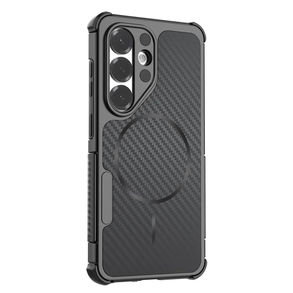 For Samsung Galaxy S26 Magnetic Case Carbon Fiber Texture PC + TPU Corner Protection Phone Cover - Black - 3