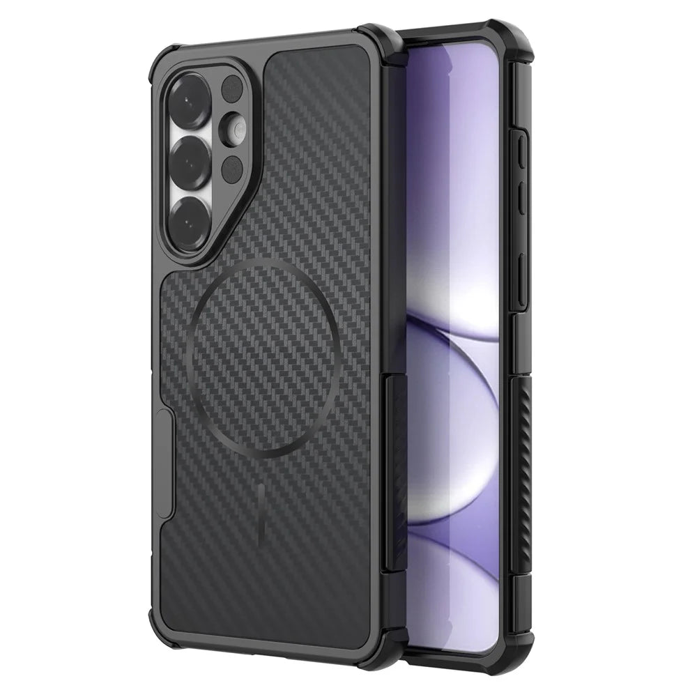For Samsung Galaxy S26+ Magnetic Case Carbon Fiber Texture PC + TPU Corner Protection Phone Cover - Black - 1
