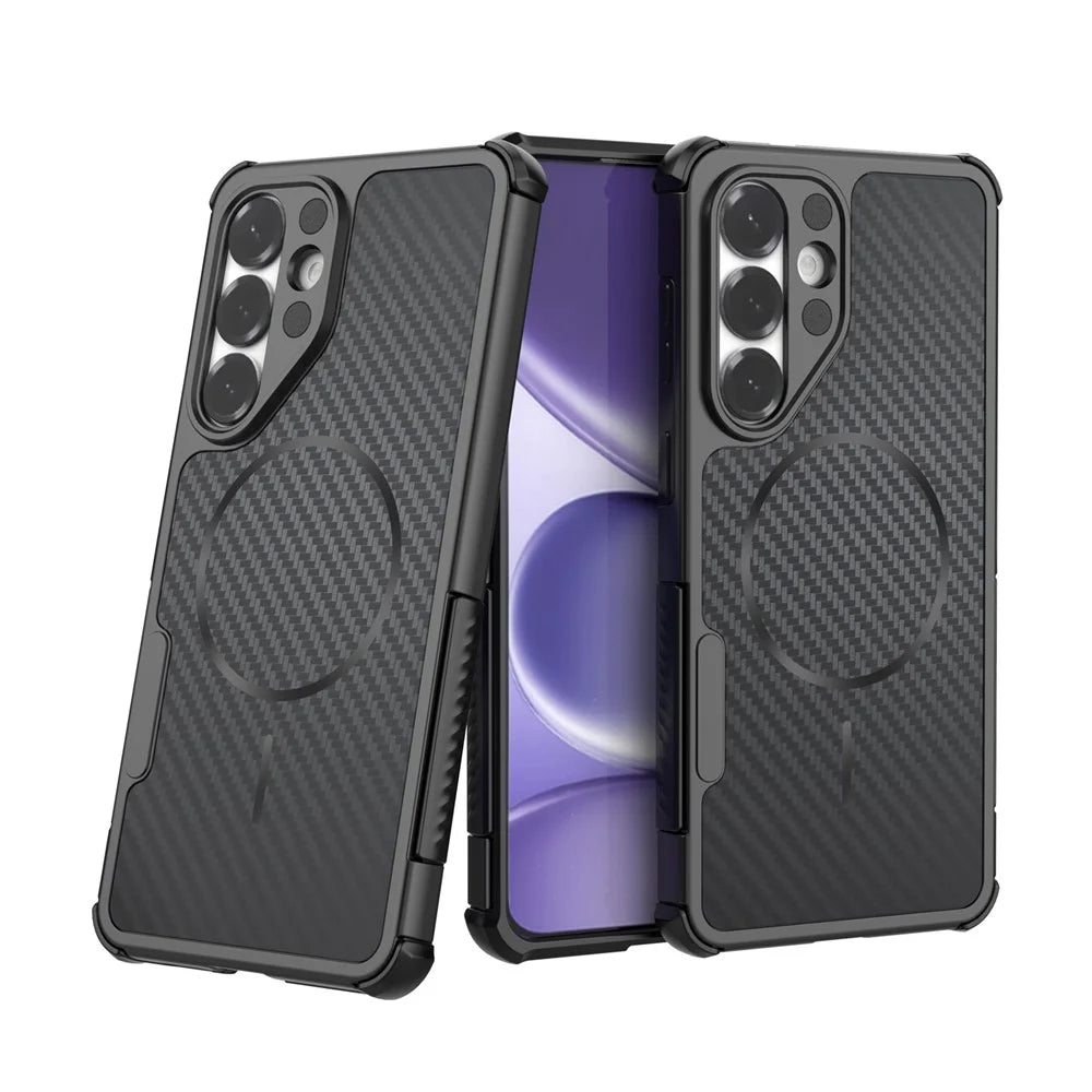 For Samsung Galaxy S26+ Magnetic Case Carbon Fiber Texture PC + TPU Corner Protection Phone Cover - Black - 5