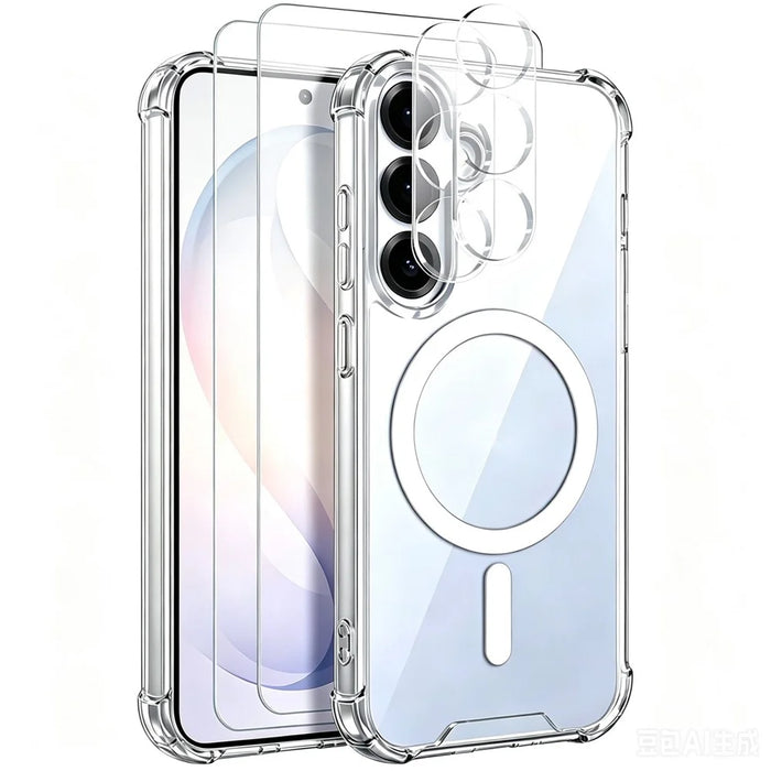 For Samsung Galaxy S26+ Magnetic Case TPU + Acrylic Air Cushion Corners Protective Phone Cover with 2Pcs Camera Protector + 2Pcs Screen Protector - Transparent - 1