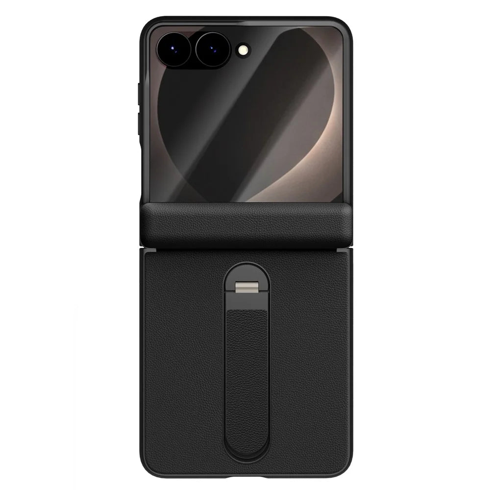 For Samsung Galaxy Z Flip8 Case Magnetic Hinge Kickstand Leather + PC Phone Cover with Tempered Glass Film - Black - 1