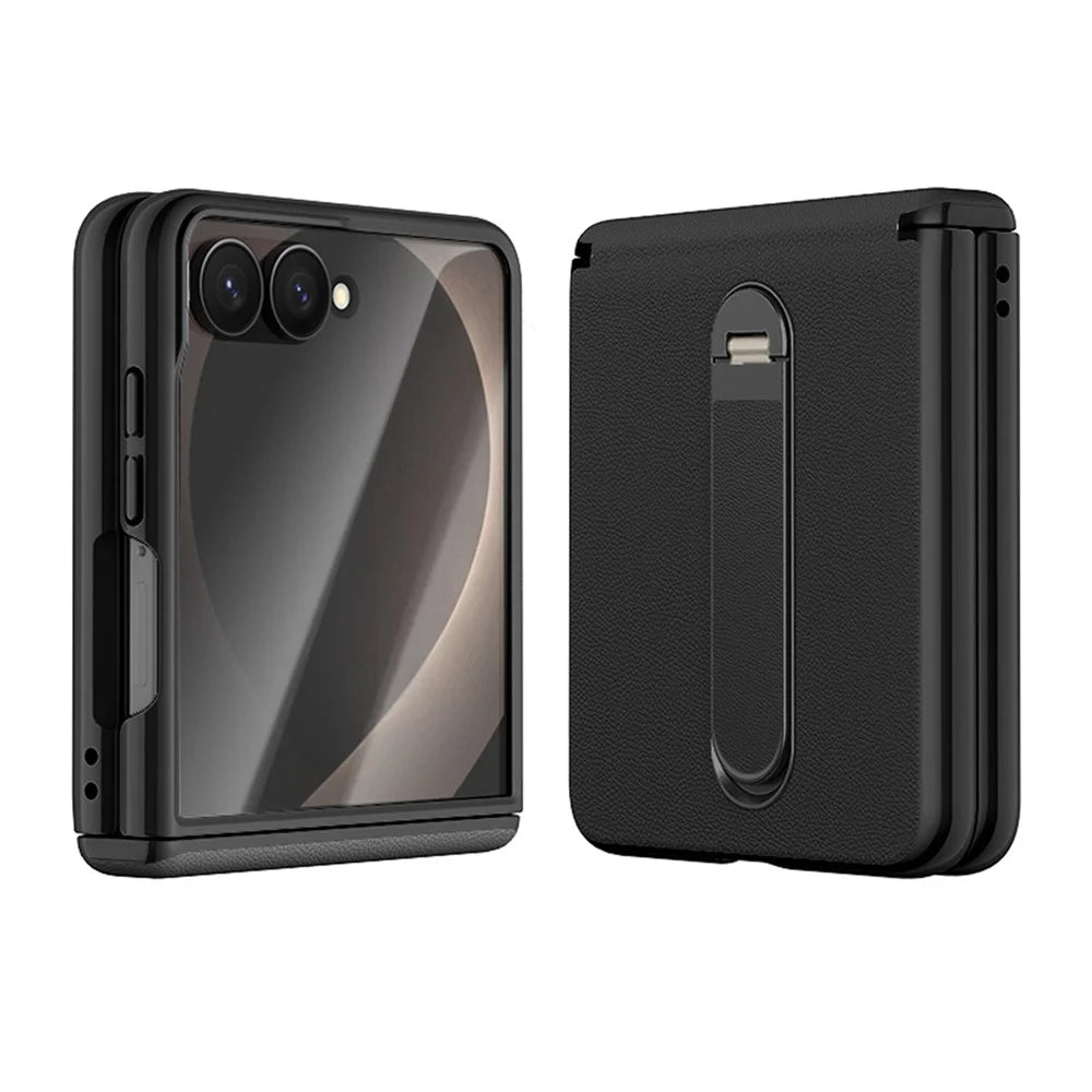 For Samsung Galaxy Z Flip8 Case Magnetic Hinge Kickstand Leather + PC Phone Cover with Tempered Glass Film - Black - 2