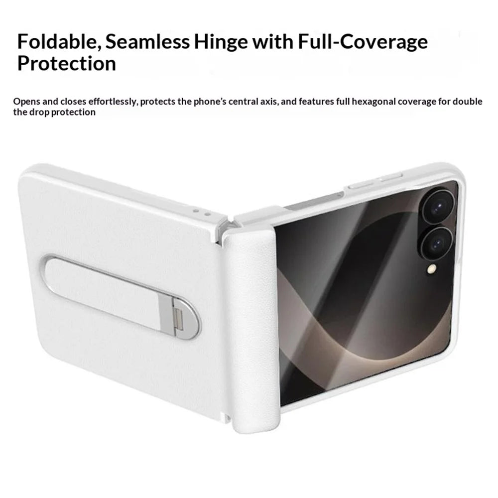 For Samsung Galaxy Z Flip8 Case Magnetic Hinge Kickstand Leather + PC Phone Cover with Tempered Glass Film - Black - 4