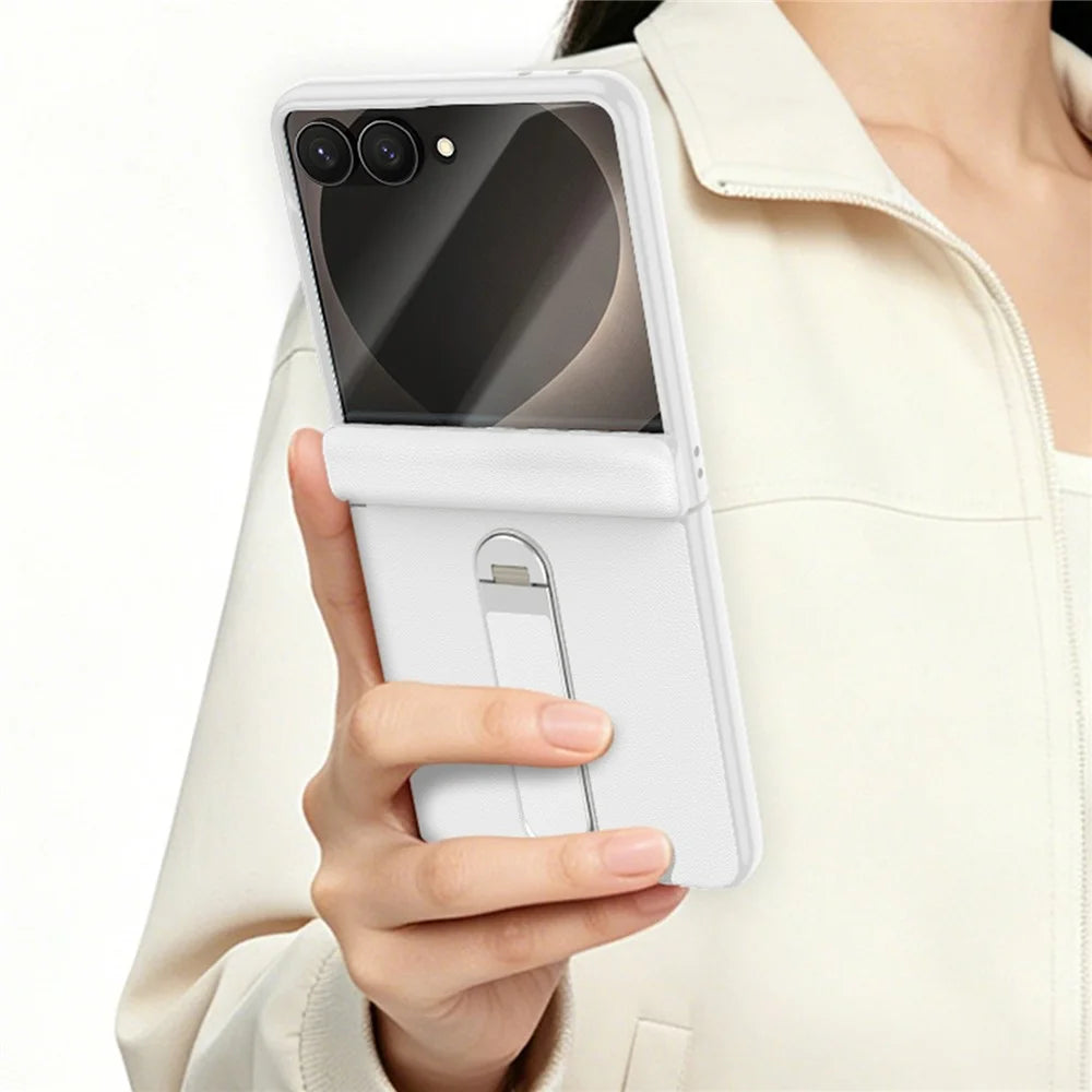 For Samsung Galaxy Z Flip8 Case Magnetic Hinge Kickstand Leather + PC Phone Cover with Tempered Glass Film - Black - 5