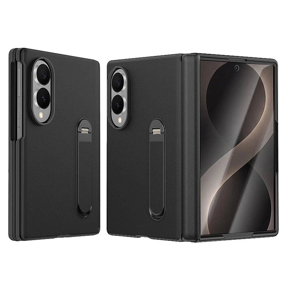 For Samsung Galaxy Z Fold8 Case Magnetic Hinge Kickstand Leather + PC Phone Cover with Tempered Glass Film - Black - 1