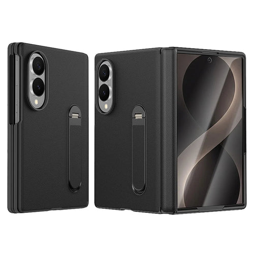 For Samsung Galaxy Z Fold8 Case Magnetic Hinge Kickstand Leather + PC Phone Cover with Tempered Glass Film - Black - 1