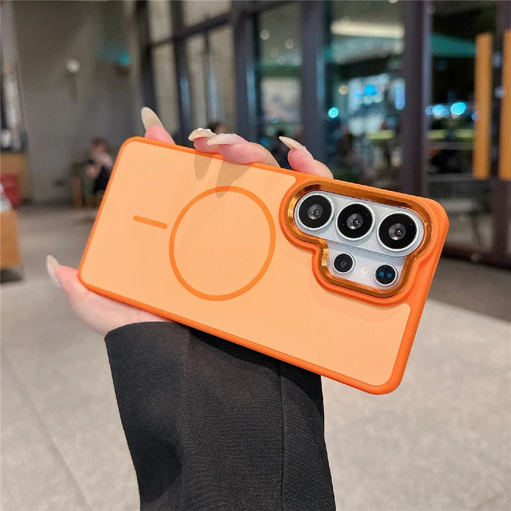 For Samsung Galaxy S25 Ultra Magnetic Case PC + TPU Dual-Layer Shockproof Cover with Metal Camera Frame - Orange - 1