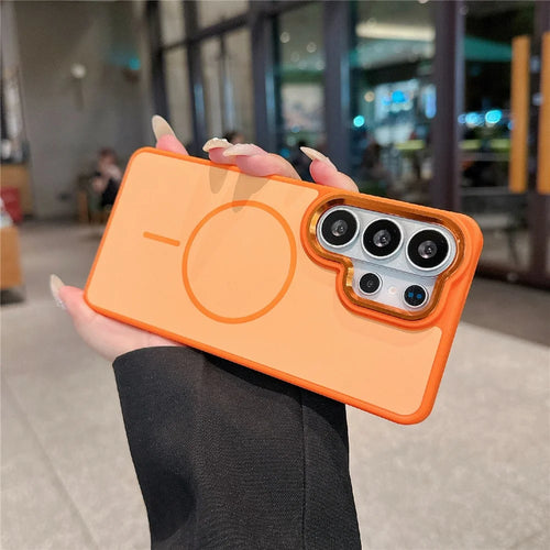 For Samsung Galaxy S25 Ultra Magnetic Case PC + TPU Dual-Layer Shockproof Cover with Metal Camera Frame - Orange - 1