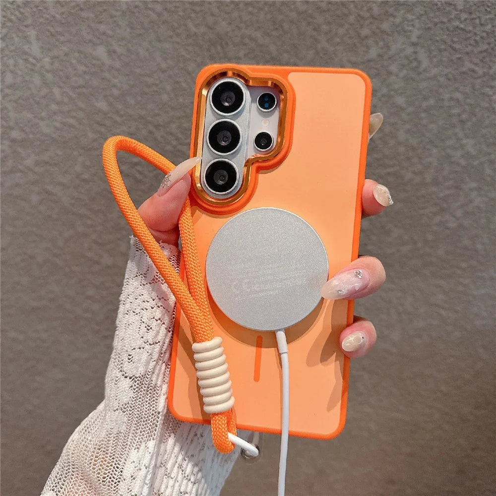 For Samsung Galaxy S25 Ultra Magnetic Case with Lanyard Skin-Feel PC + TPU Shockproof Phone Cover - Orange - 2