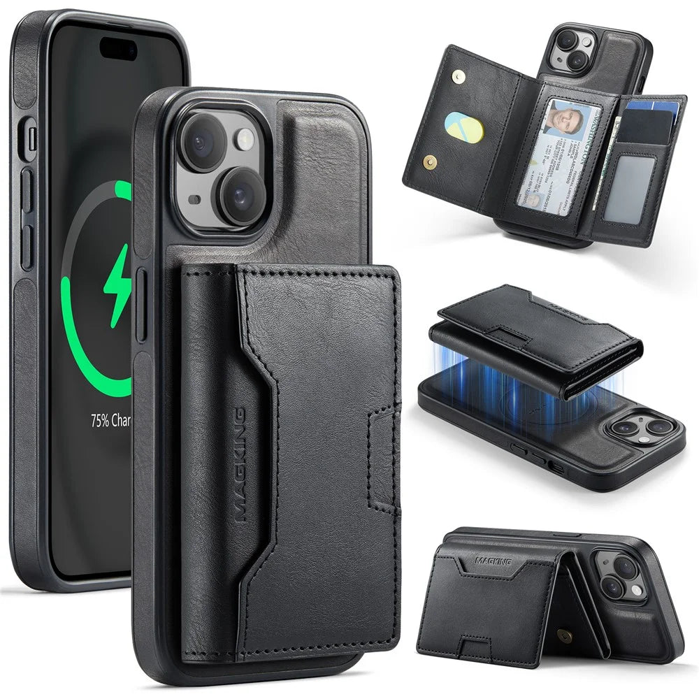 MAGKING K4 Series For iPhone 15 Plus Magnetic Case Detachable Wallet PU TPU PC Phone Cover - Black - 1
