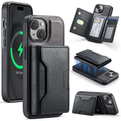 MAGKING K4 Series For iPhone 15 Plus Magnetic Case Detachable Wallet PU TPU PC Phone Cover - Black - 1