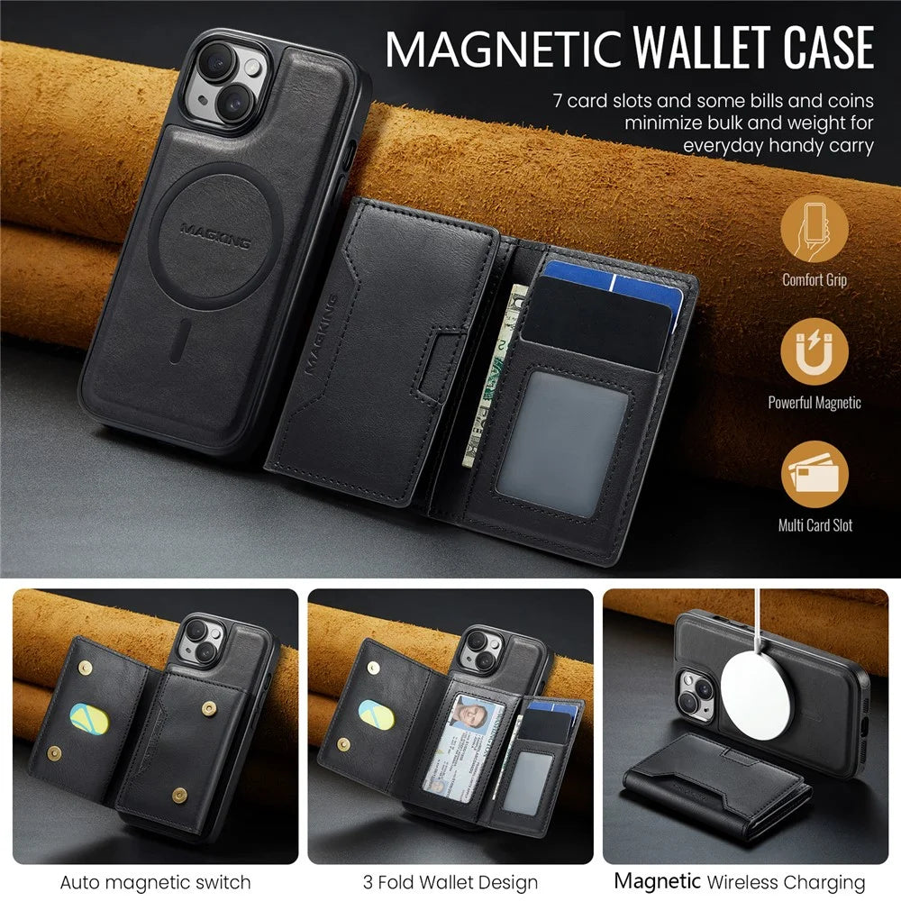 MAGKING K4 Series For iPhone 15 Plus Magnetic Case Detachable Wallet PU TPU PC Phone Cover - Black - 7