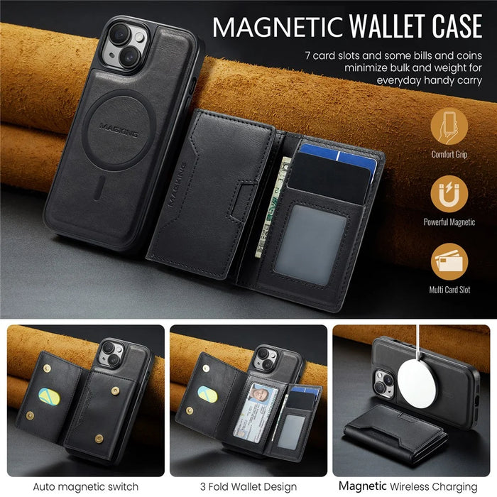 MAGKING K4 Series For iPhone 15 Plus Magnetic Case Detachable Wallet PU TPU PC Phone Cover - Black - 7
