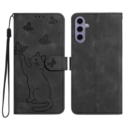 For Samsung Galaxy A16 5G  /  A16 4G Wallet Case Imprinted Cat Butterfly Leather Phone Cover with Wrist Strap - Black - 1