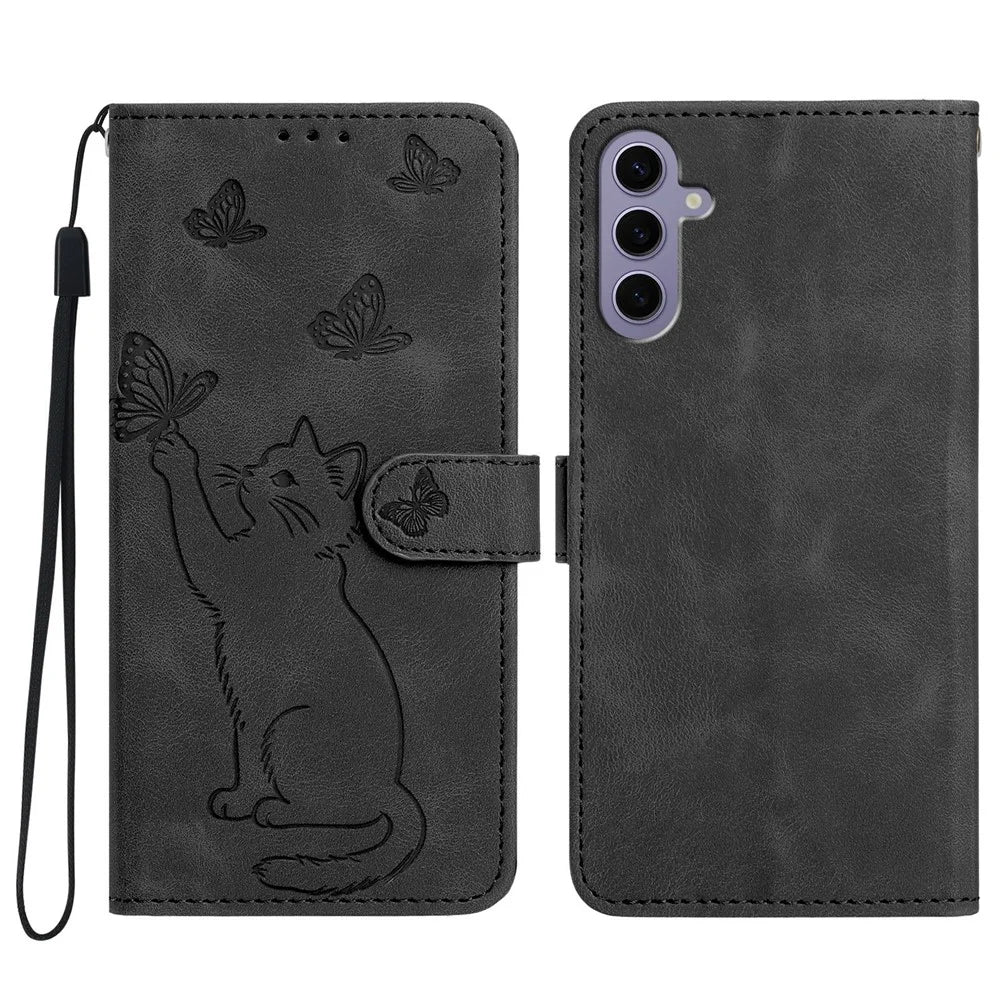 For Samsung Galaxy A16 5G  /  A16 4G Wallet Case Imprinted Cat Butterfly Leather Phone Cover with Wrist Strap - Black - 1