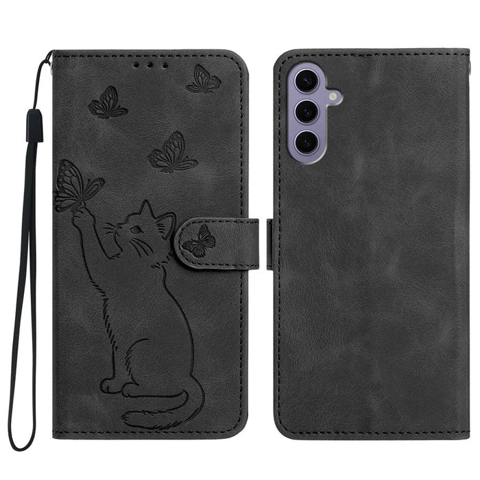 For Samsung Galaxy A16 5G  /  A16 4G Wallet Case Imprinted Cat Butterfly Leather Phone Cover with Wrist Strap - Black - 1