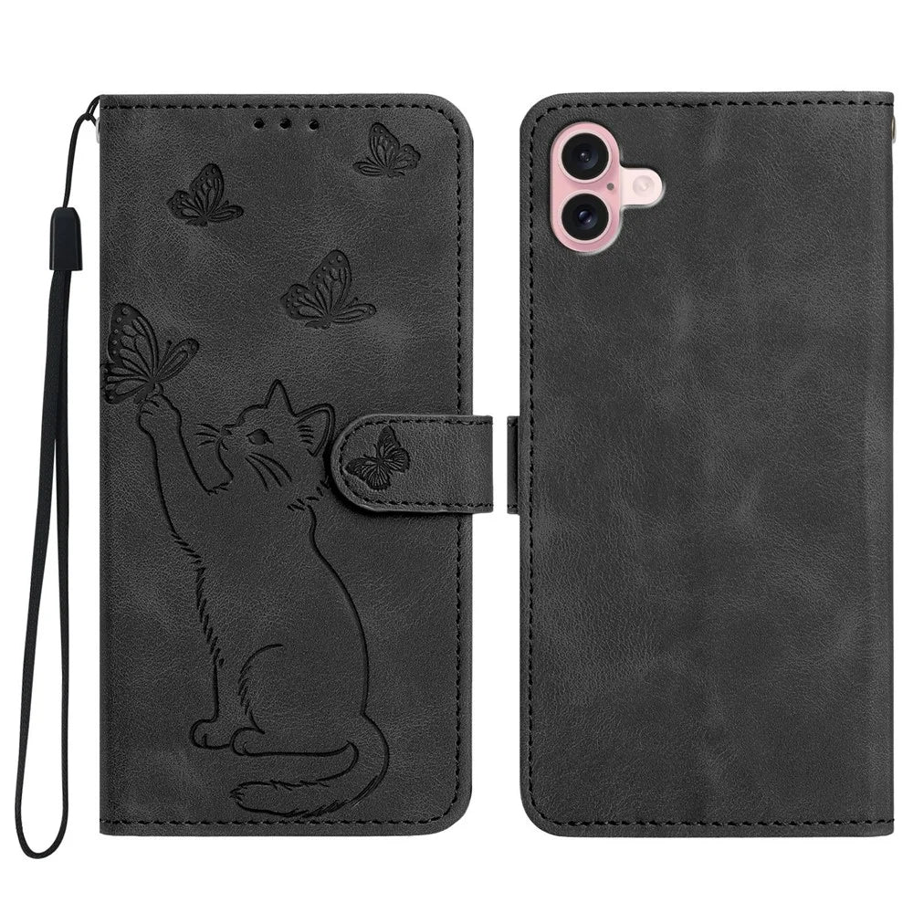 For iPhone 16 Plus Wallet Case Imprinted Cat Butterfly Leather Phone Cover with Wrist Strap - Black - 1