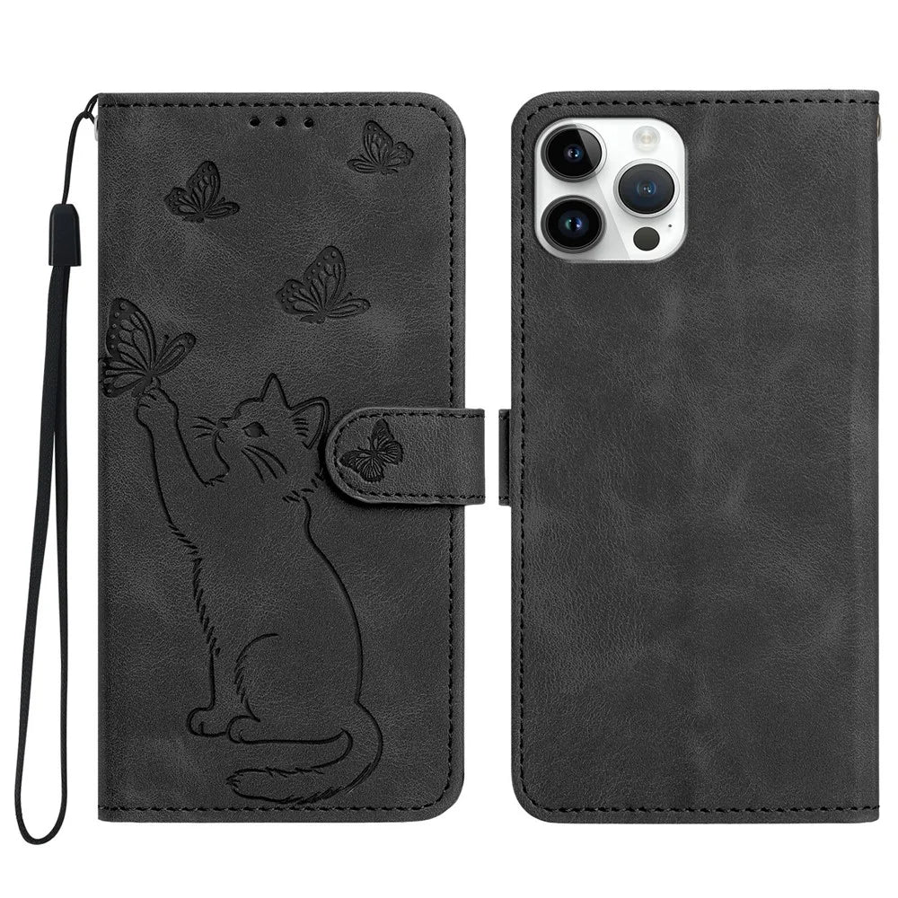 For iPhone 16 Pro Wallet Case Imprinted Cat Butterfly Leather Phone Cover with Wrist Strap - Black - 1