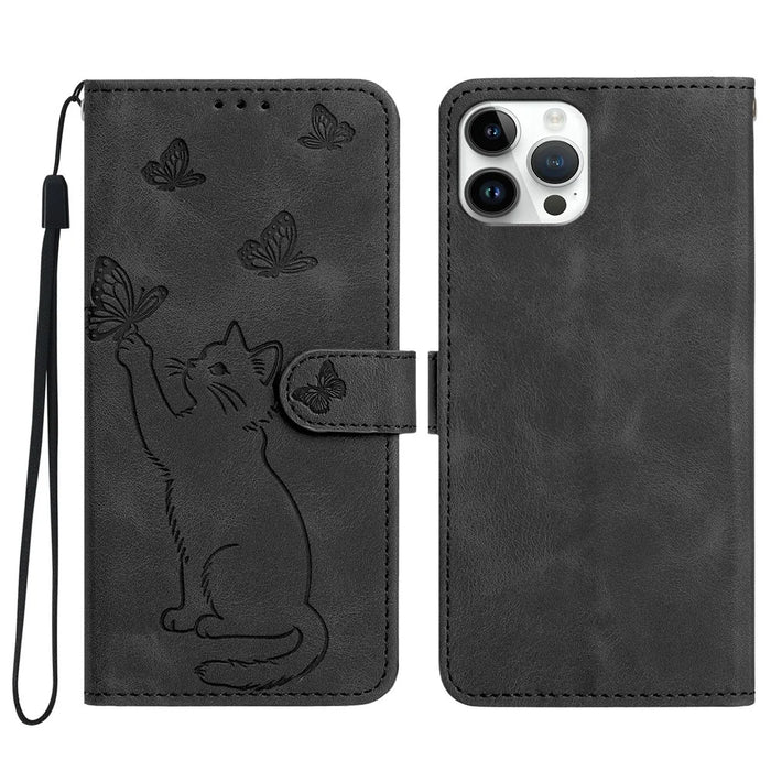 For iPhone 16 Pro Wallet Case Imprinted Cat Butterfly Leather Phone Cover with Wrist Strap - Black - 1