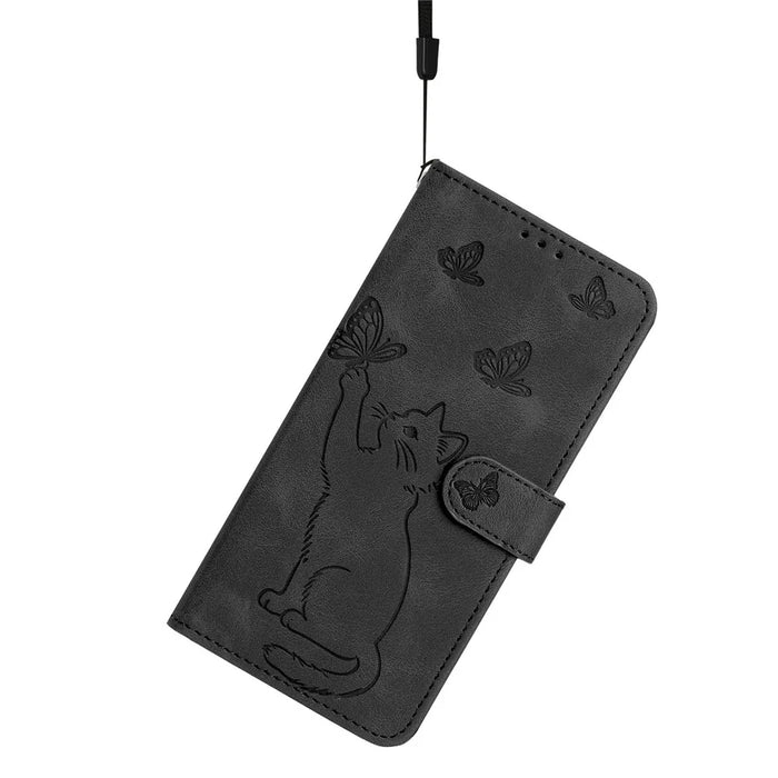 For iPhone 16 Pro Wallet Case Imprinted Cat Butterfly Leather Phone Cover with Wrist Strap - Black - 4