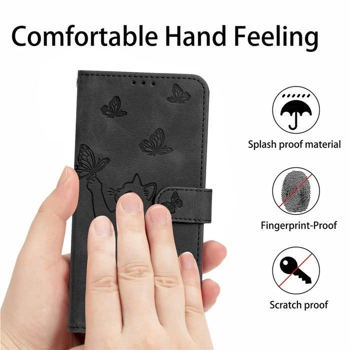 For iPhone 16 Pro Wallet Case Imprinted Cat Butterfly Leather Phone Cover with Wrist Strap - Black - 5