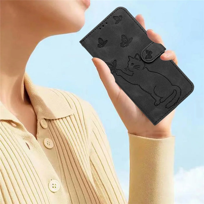 For iPhone 16 Pro Wallet Case Imprinted Cat Butterfly Leather Phone Cover with Wrist Strap - Black - 6