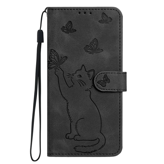 For iPhone 16 Pro Wallet Case Imprinted Cat Butterfly Leather Phone Cover with Wrist Strap - Black - 7