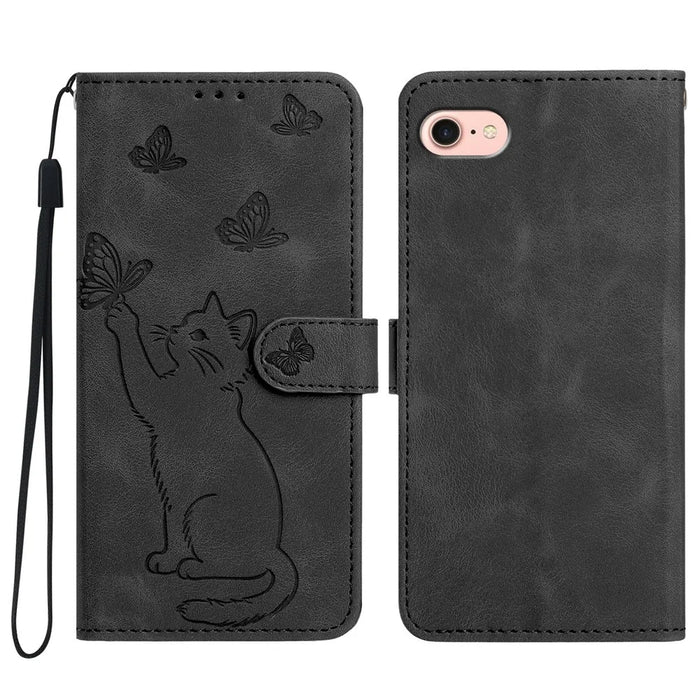 For iPhone 17e  /  16e Wallet Case Imprinted Cat Butterfly Leather Phone Cover with Wrist Strap - Black - 1