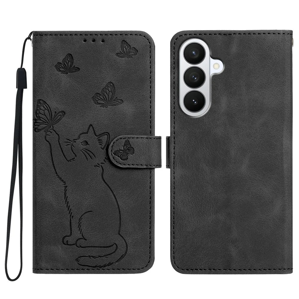 For Samsung Galaxy S26 Wallet Case Imprinted Cat Butterfly Leather Phone Cover with Wrist Strap - Black - 1