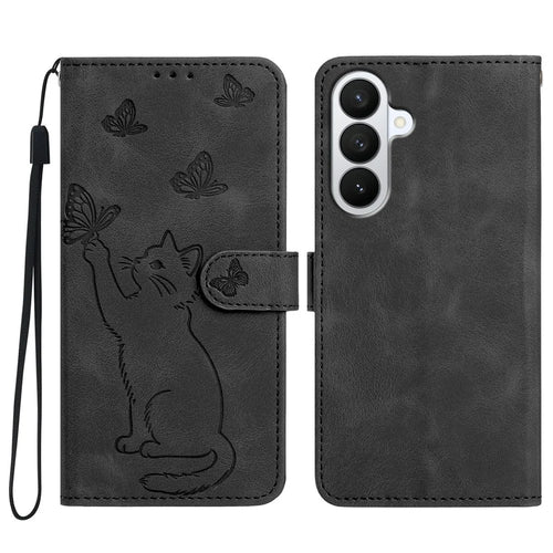 For Samsung Galaxy S26 Wallet Case Imprinted Cat Butterfly Leather Phone Cover with Wrist Strap - Black - 1