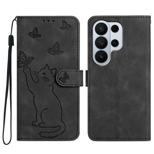 For Samsung Galaxy S26 Ultra Wallet Case Imprinted Cat Butterfly Leather Phone Cover with Wrist Strap - Black - 1