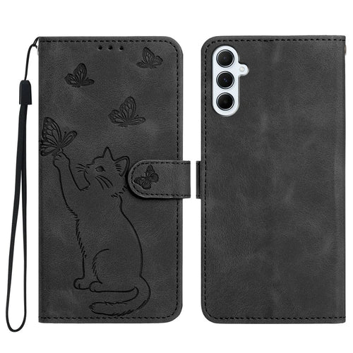 For Samsung Galaxy A56 5G Wallet Case Imprinted Cat Butterfly Leather Phone Cover with Wrist Strap - Black - 1