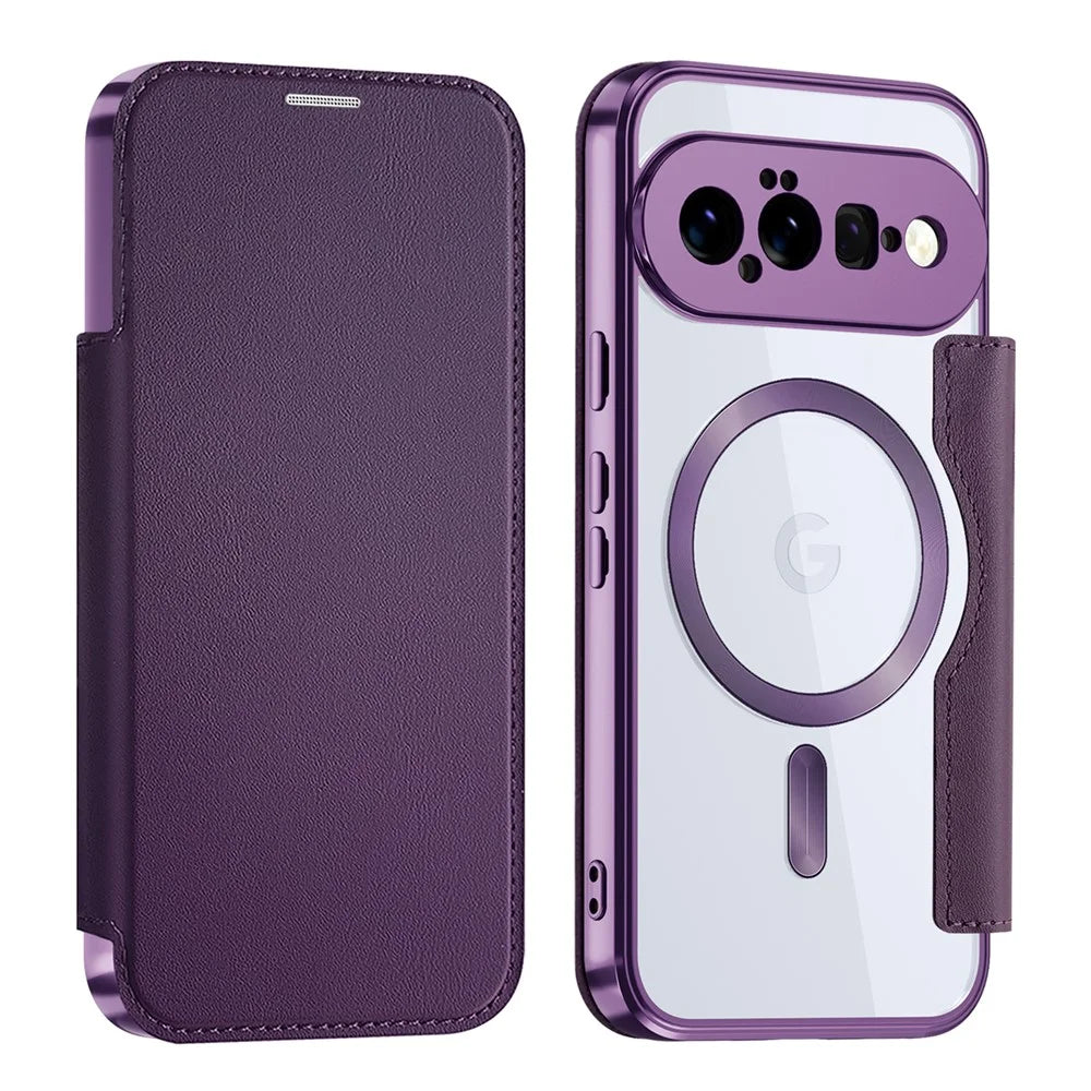 For Google Pixel 11 Magnetic Case RFID Blocking Card Holder Leather Phone Cover with Lens Film - Dark Purple - 1