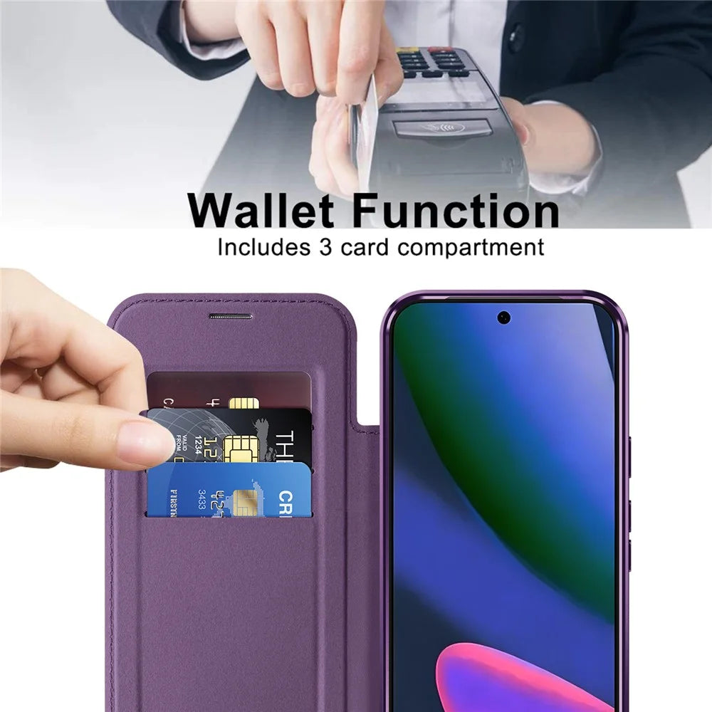 For Google Pixel 11 Magnetic Case RFID Blocking Card Holder Leather Phone Cover with Lens Film - Dark Purple - 3