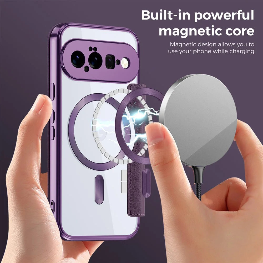 For Google Pixel 11 Magnetic Case RFID Blocking Card Holder Leather Phone Cover with Lens Film - Dark Purple - 4