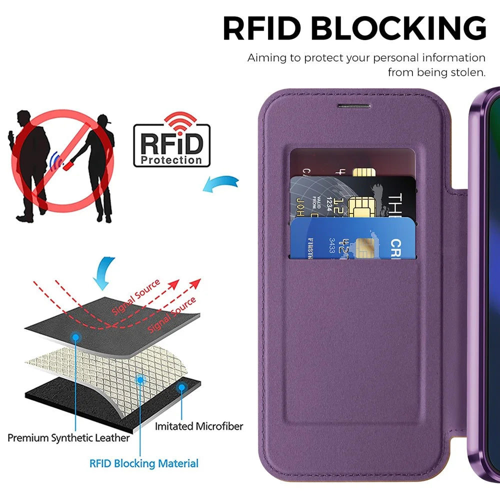 For Google Pixel 11 Magnetic Case RFID Blocking Card Holder Leather Phone Cover with Lens Film - Dark Purple - 5