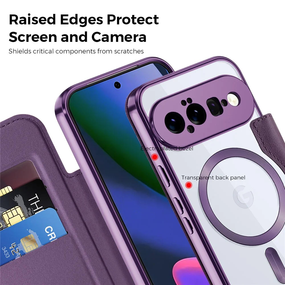 For Google Pixel 11 Magnetic Case RFID Blocking Card Holder Leather Phone Cover with Lens Film - Dark Purple - 7