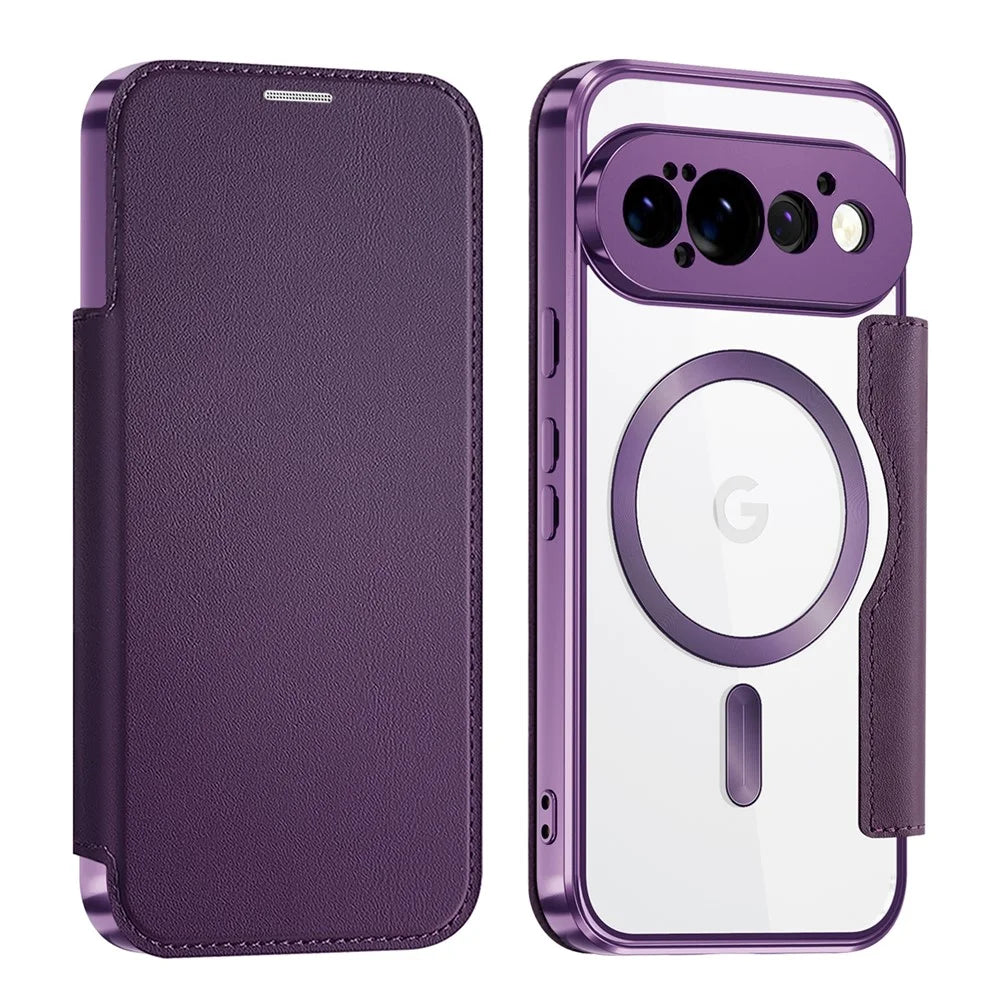 For Google Pixel 11 Pro Magnetic Case RFID Blocking Card Holder Leather Phone Cover with Lens Film - Dark Purple - 1
