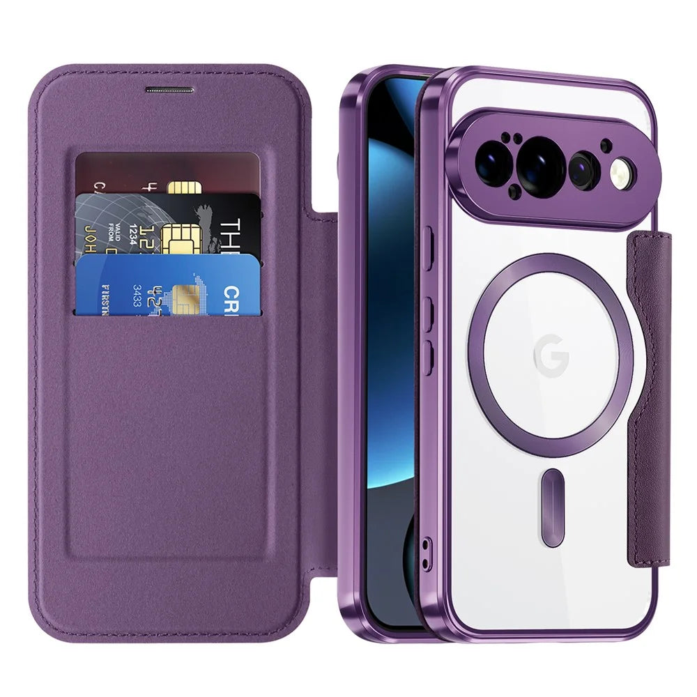 For Google Pixel 11 Pro Magnetic Case RFID Blocking Card Holder Leather Phone Cover with Lens Film - Dark Purple - 2