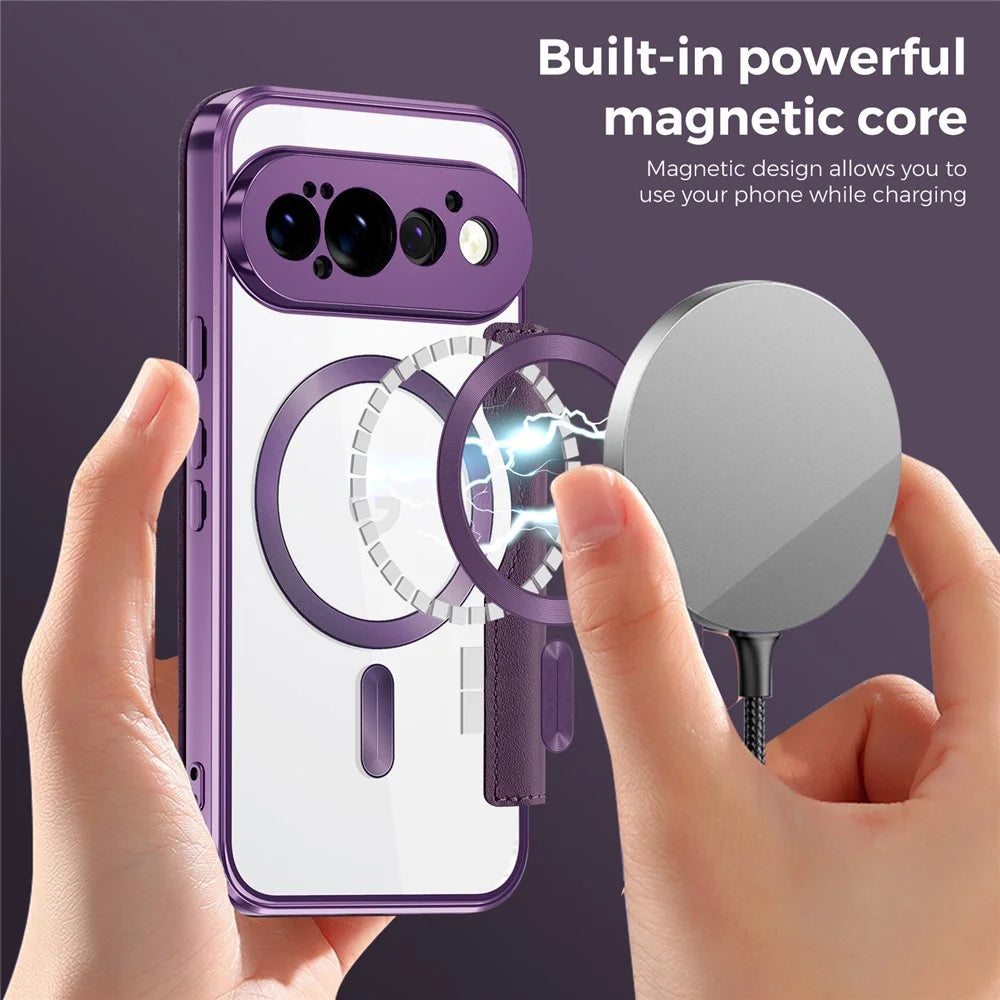 For Google Pixel 11 Pro Magnetic Case RFID Blocking Card Holder Leather Phone Cover with Lens Film - Dark Purple - 4