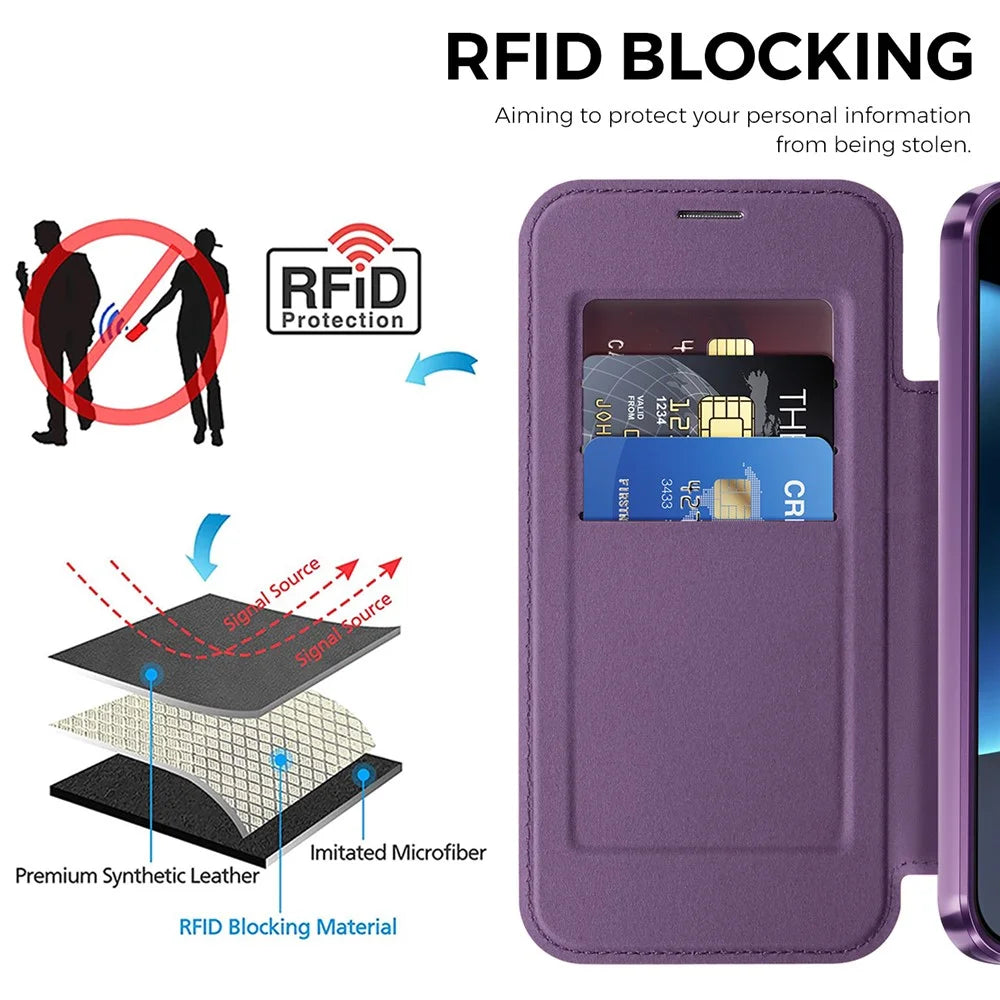 For Google Pixel 11 Pro Magnetic Case RFID Blocking Card Holder Leather Phone Cover with Lens Film - Dark Purple - 5