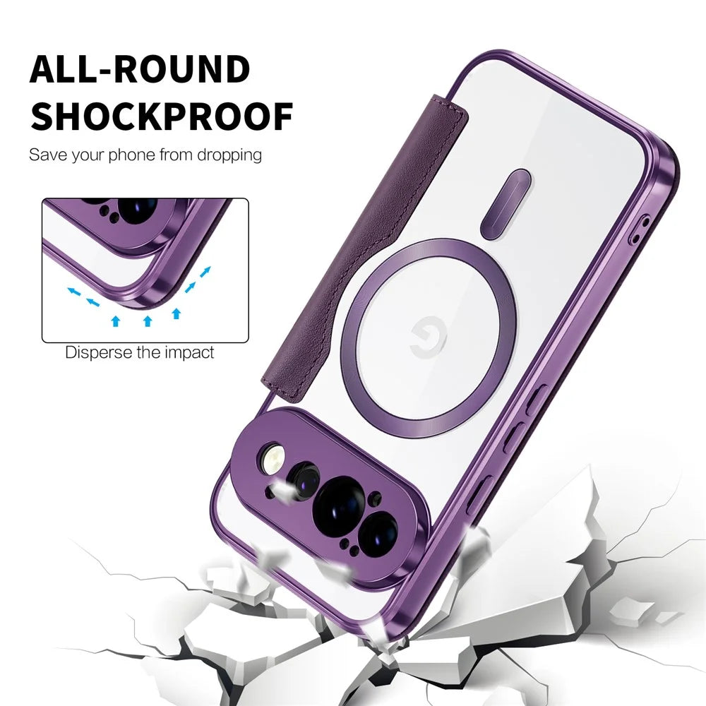 For Google Pixel 11 Pro Magnetic Case RFID Blocking Card Holder Leather Phone Cover with Lens Film - Dark Purple - 6