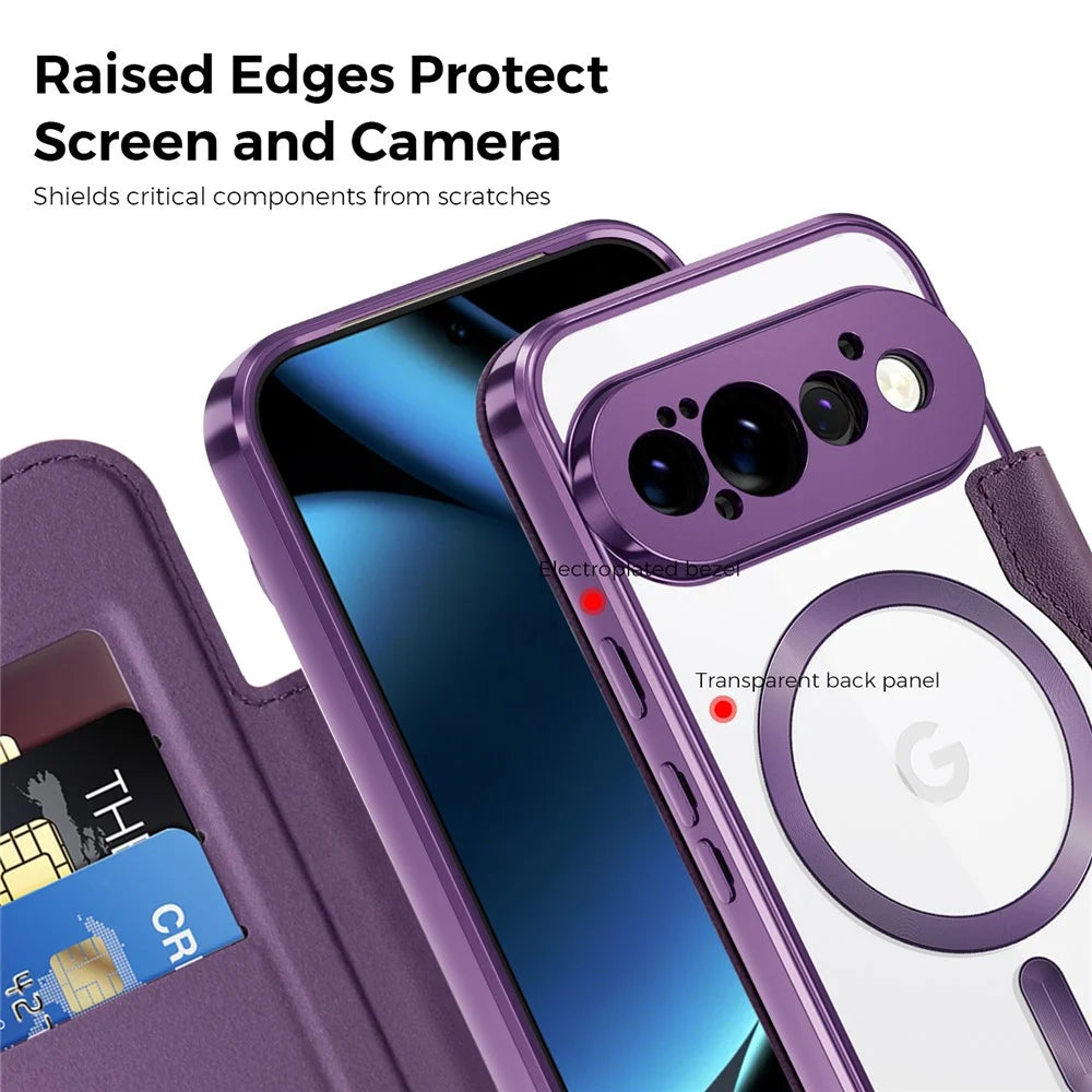 For Google Pixel 11 Pro Magnetic Case RFID Blocking Card Holder Leather Phone Cover with Lens Film - Dark Purple - 7