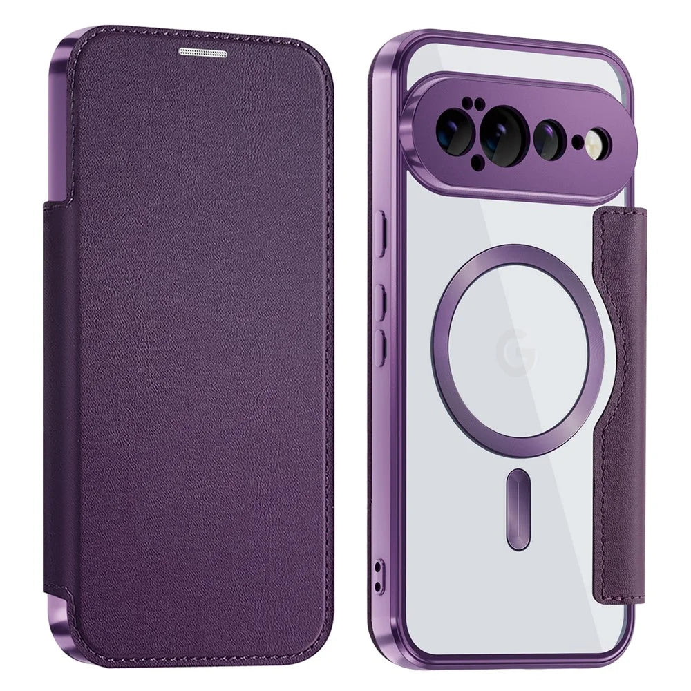 For Google Pixel 11 Pro XL Magnetic Case RFID Blocking Card Holder Leather Phone Cover with Lens Film - Dark Purple - 1