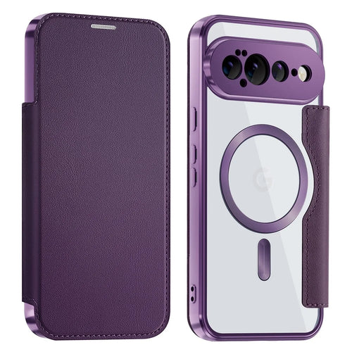 For Google Pixel 11 Pro XL Magnetic Case RFID Blocking Card Holder Leather Phone Cover with Lens Film - Dark Purple - 1