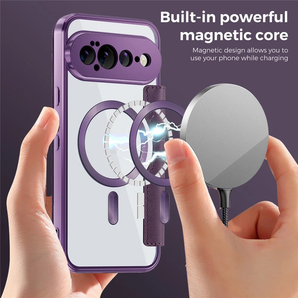 For Google Pixel 11 Pro XL Magnetic Case RFID Blocking Card Holder Leather Phone Cover with Lens Film - Dark Purple - 4