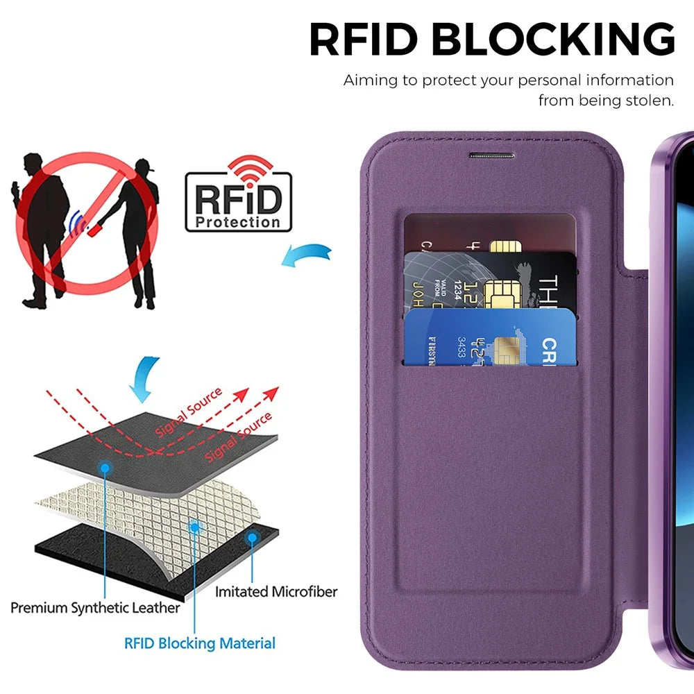 For Google Pixel 11 Pro XL Magnetic Case RFID Blocking Card Holder Leather Phone Cover with Lens Film - Dark Purple - 5